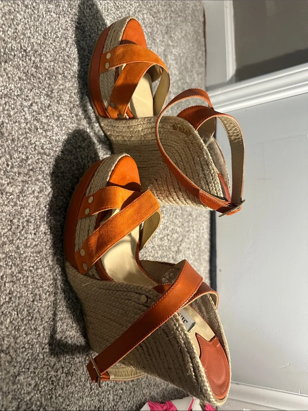 Jimmy Choo Orange Leather & Suede Cross-Espadrille Wedges Size 41 - Brand New
